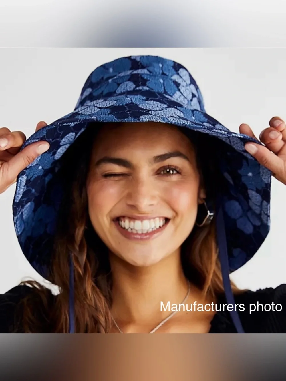 Free People “Molly” Navy Floral Classic Summer Bucket Hat, One Size